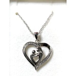 Mother Child  Heart Pendant  925 Sterling Silver Chain 18" Necklace